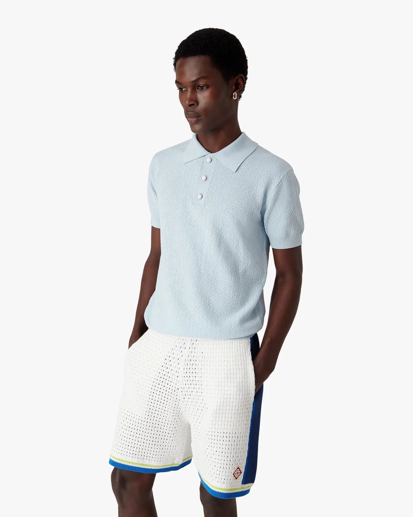 Blue Pointelle Monogram Short Sleeve Polo Shirt