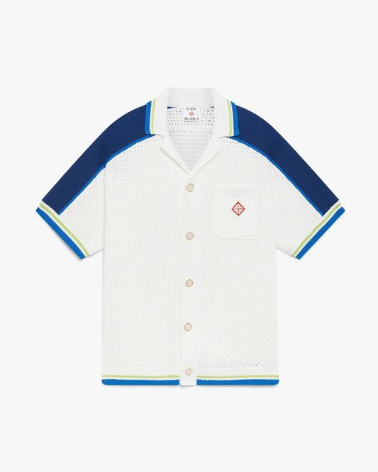 White & Blue Short Sleeve Crochet Shirt
