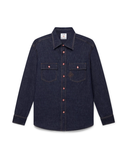 Denim Short Sleeve Shirt with Logo Embroidery