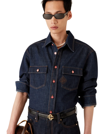 Denim Short Sleeve Shirt with Logo Embroidery