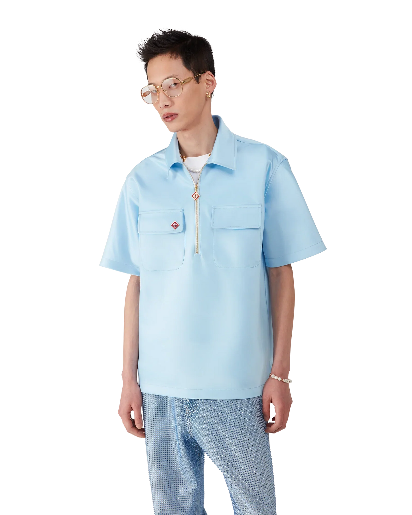 Satin Quarter Short Sleeve Zip Shirt